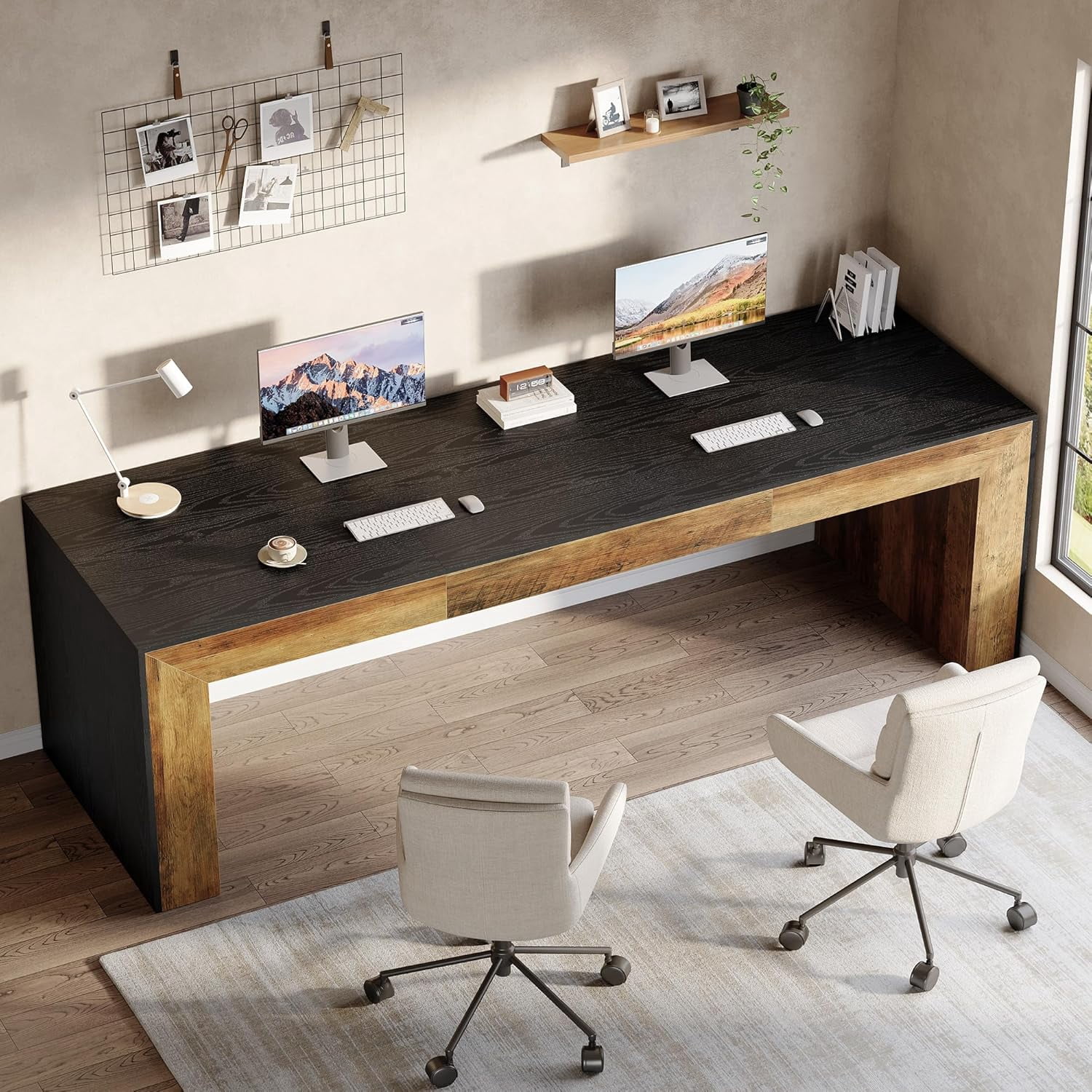 86.6-Inch Long Computer Desk for 2 Person, Farmhouse Executive Desk with Wooden Tabletop and Legs