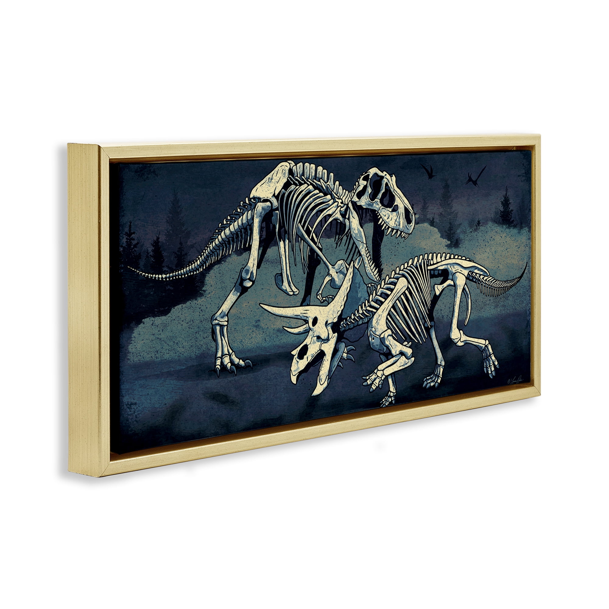 Stupell Industries Dinosaur Skeletons Duo Animals Painting Gold Floater Framed Canvas Art Print Wall Art, 31 x 14