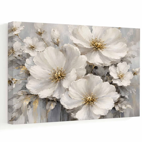 White Floral Canvas Wall Art, Modern Art Minimalist Pastoral Gold Grey Flowers Blossom Wall Art Prints Artwork Framed Canvas Ready to Hang Art Pictures for Large Dining Living Room Hallway 36" x 24"