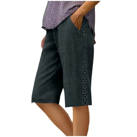 RYRJJ Linen Bermuda Shorts for Women Knee Length Summer Casual Elastic Waisted Shorts Side Lace Boho Bech Shorts with Pockets(Navy M)