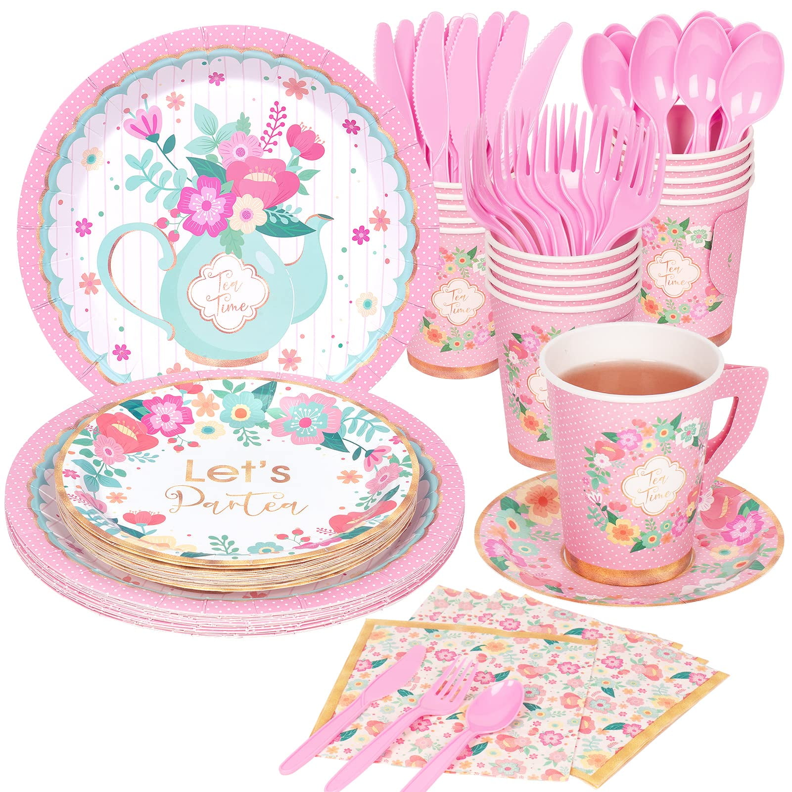 DECORLIFE Tea Party Supplies Serves 16, Tea Party Plates and Napkins