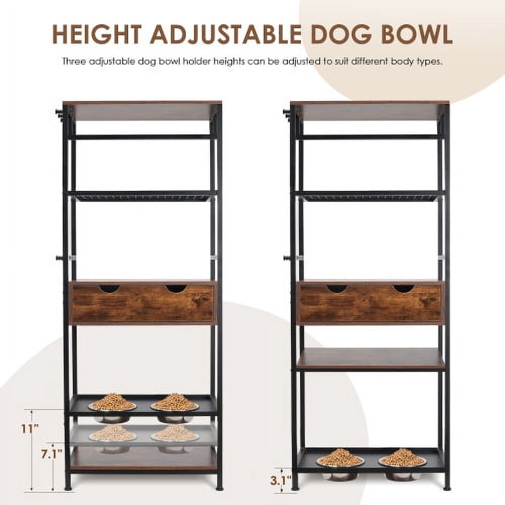 Enyopro Adjustable Height Dog Feeding Station with Storage Cabinet, Elevated Pet Feeder with 2 Stainless Steel Bowls, Side Hooks, and Anti-Tip Design, Black