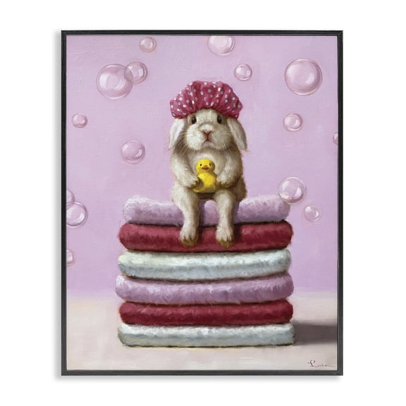 Stupell Industries Cottage Cute Baby Rabbit on Bath Towels Soap Bubbles Black Framed Giclee Art, 11 x 14, by Lucia Heffernan