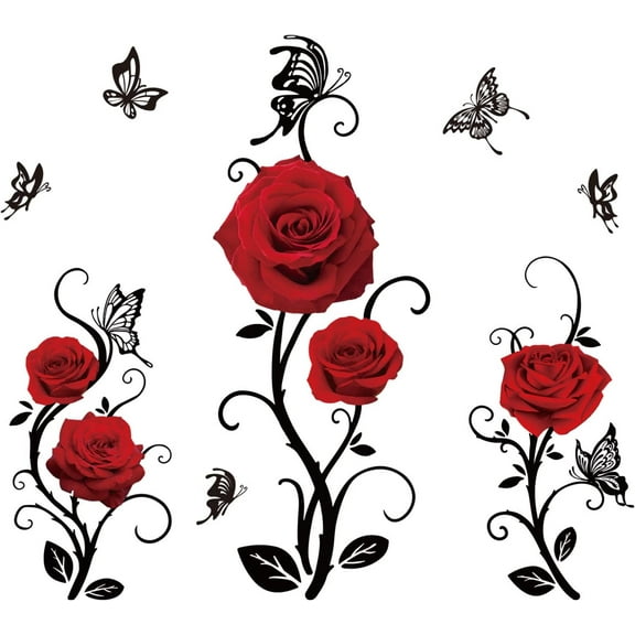 Red Rose Wall Stickers Valentine's Day Flowers Butterfly Wall Sticker Home Wall Art Decor Wall Decor DIY Vinyl Mural Art for Bedroom Living Room Sofa Backdrop TV Wall Decoration