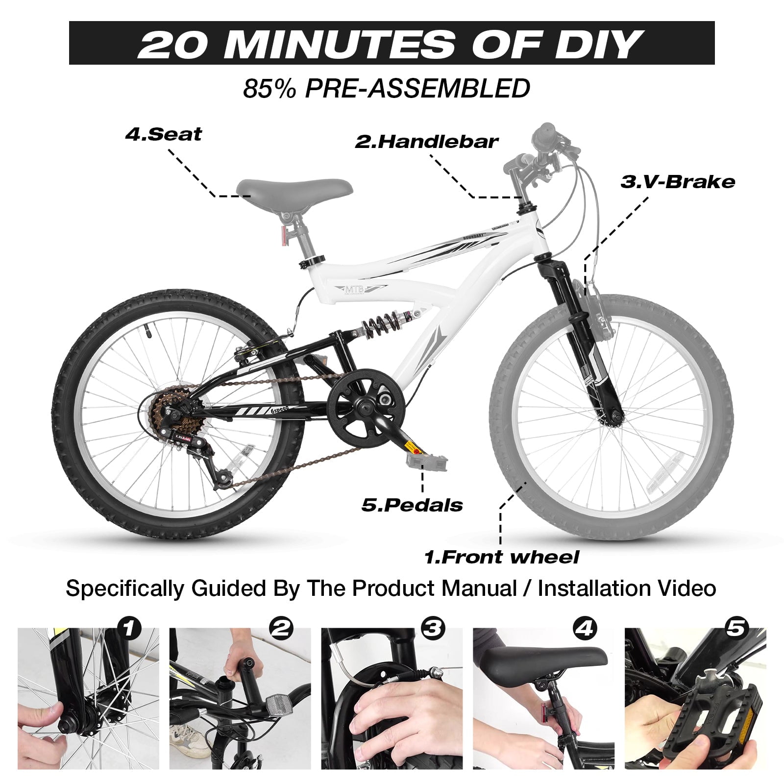 Hykolity Kids Mountain Bike 20 inch MTB Bicycle Age 6-12 Years Height 42-56 in Tween Cycling Full Suspension Sport Outdoor Bikes - Pale White