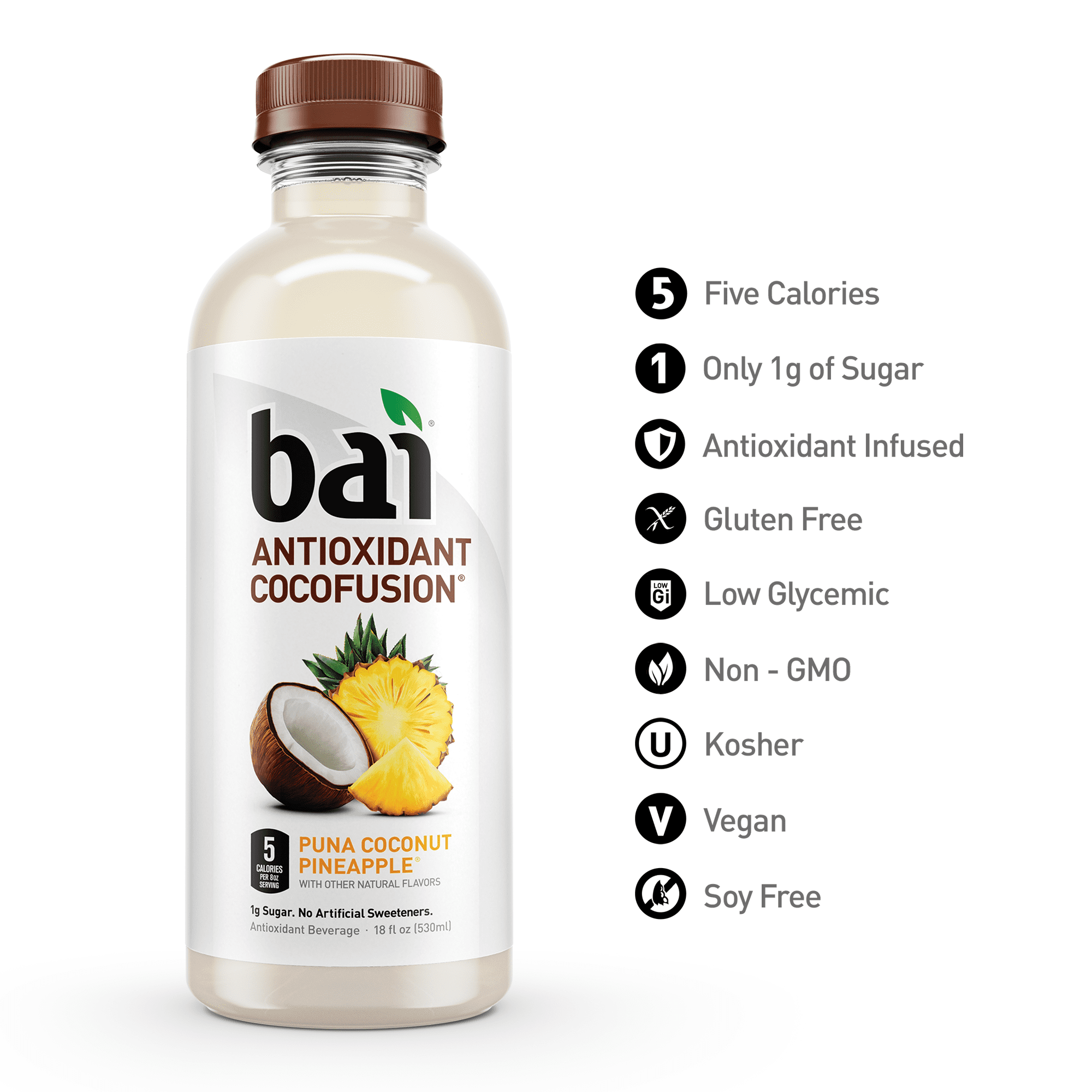 Bai Coconut Flavored Water, Puna Coconut Pineapple, Antioxidant Infused Drinks, 18 Fluid Ounce Bottles, 12 count