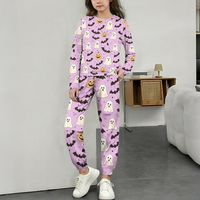 MKOSPLRT Pyjamas d'Halloween pour Tout-Petits Filles Garçons Vêtements de Nuit Ensembles 2 Pcs Manches Longues Col Ras du Cou Hauts Bas de Pyjama Tenue de Détente des Fêtes 3-15 Ans