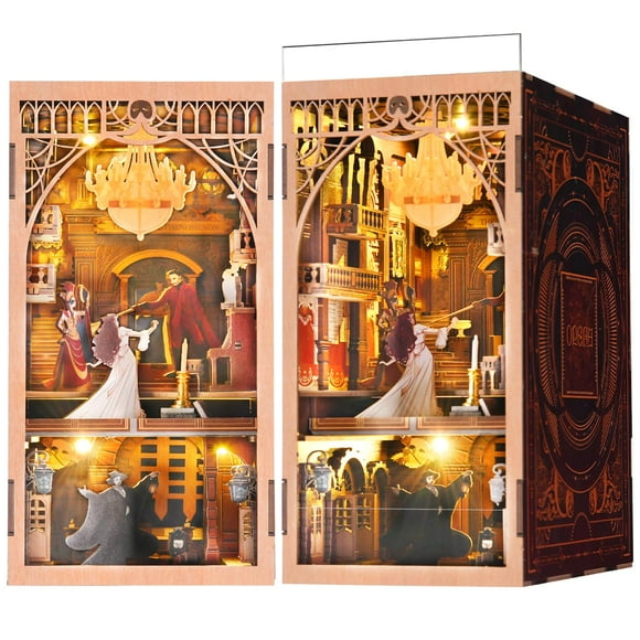 MiniCity Kit de Coin Livre, Kit de Coin Livre Miniature Bricolage pour Maison de Poupée, Casse-Tête 3D en Bois pour Serre-Livres Insert de Bibliothèque Déco avec Lumière LED pour Ados et Adultes (Phantom Of The Opera)