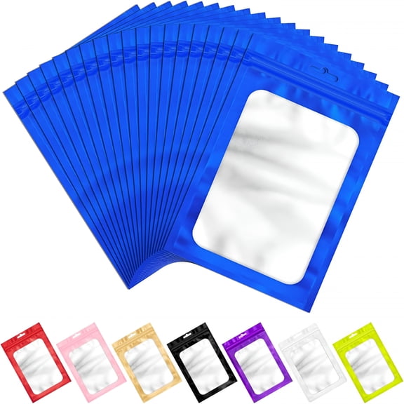 CCOCC 100 Pcs Resealable Mylar Bags with Zip And Frosted Clear Window Packaging Bags Foil Pouch Zipper Bag for Food Self Sealing Storage Supplies(Blue,2.75Ă—3.93)
