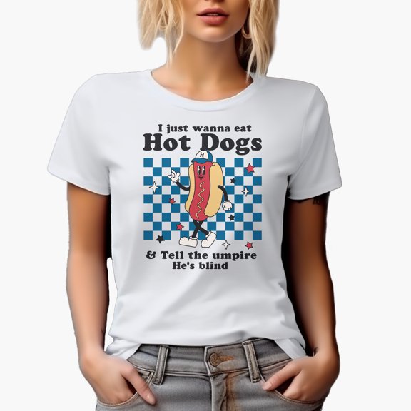 Funny I Just Wanna Eat Hot Dogs, Retro Baseball Art Merch Gift, White T-Shirt, Small