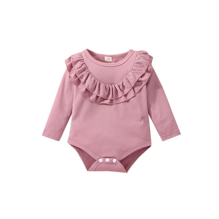 

Calsunbaby Toddler Baby Girls Long Sleeve Romper Solid Color Flouncing Splicing Round Collar Jumpsuit Casual Clothes Pink 18-24 Months