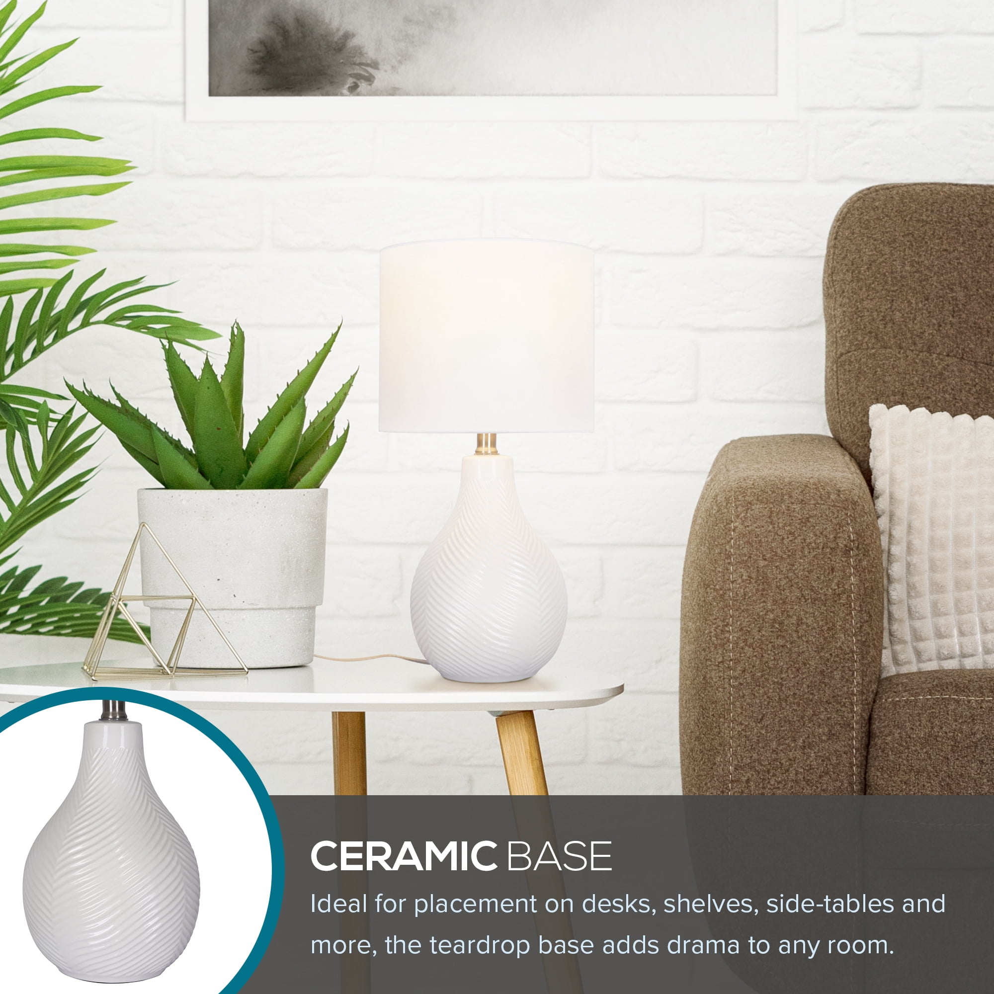 Catalina Lighting Sandrift 18.75'' Table Lamp with White Fabric Drum Shade Transitional Table Light Fixture for Living Room, Bedroom, or Office, White