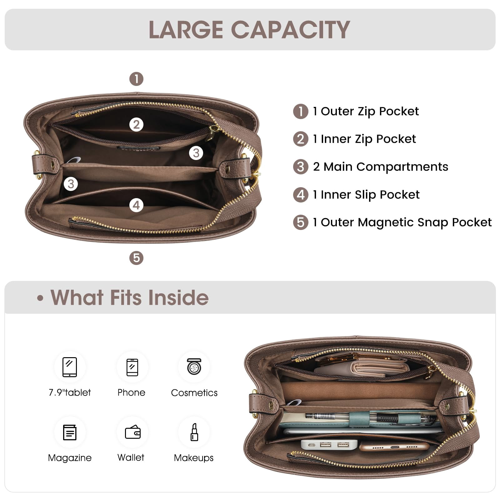 Kattee Leather Handbags for Women, Medium Soft Shoulder Tote Crossbody Purses Bucket Bags with 2 Straps