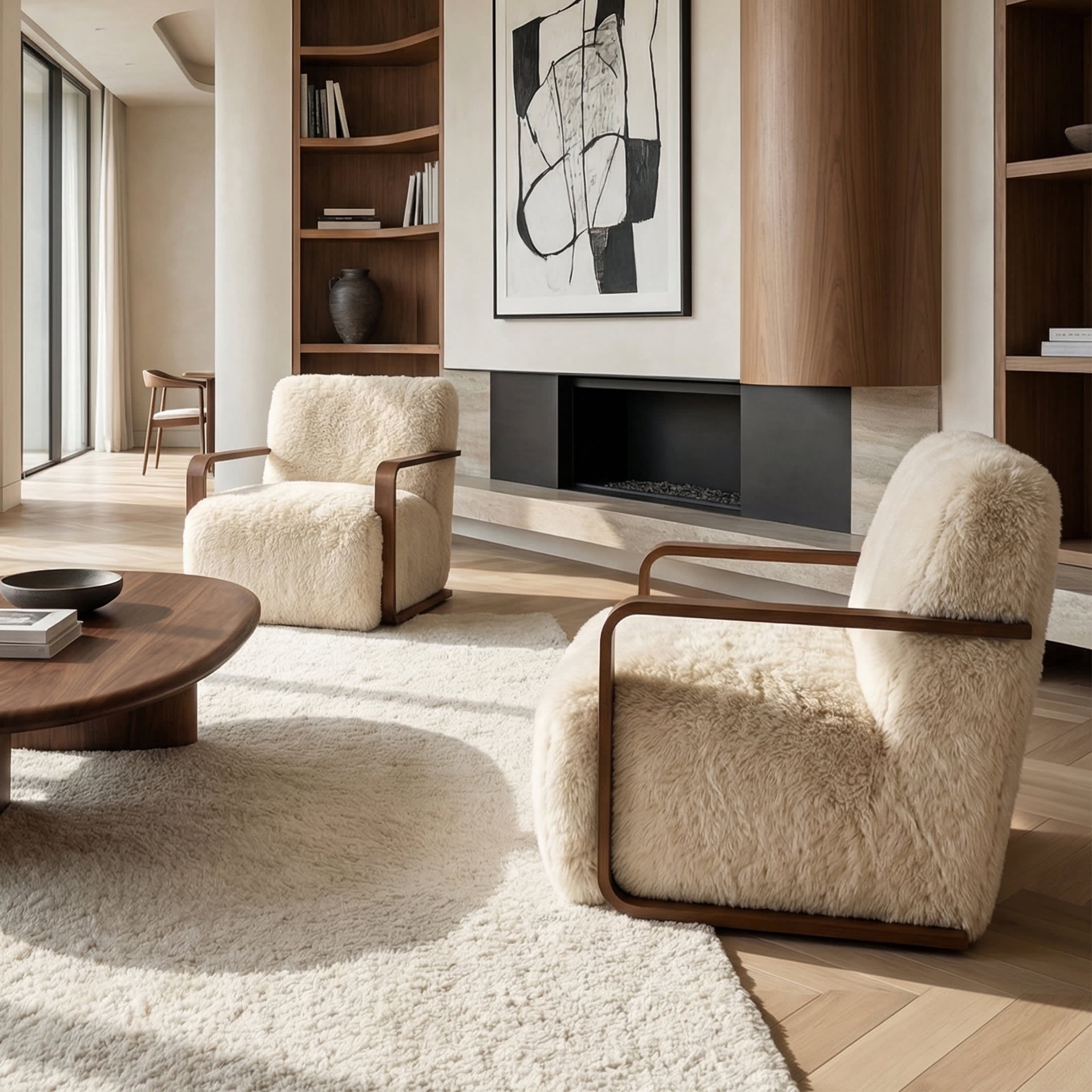 Aenkyo Yeti Contemporary Faux Fur Accent Chair with Dark Walnut Wood Arms, Ivory