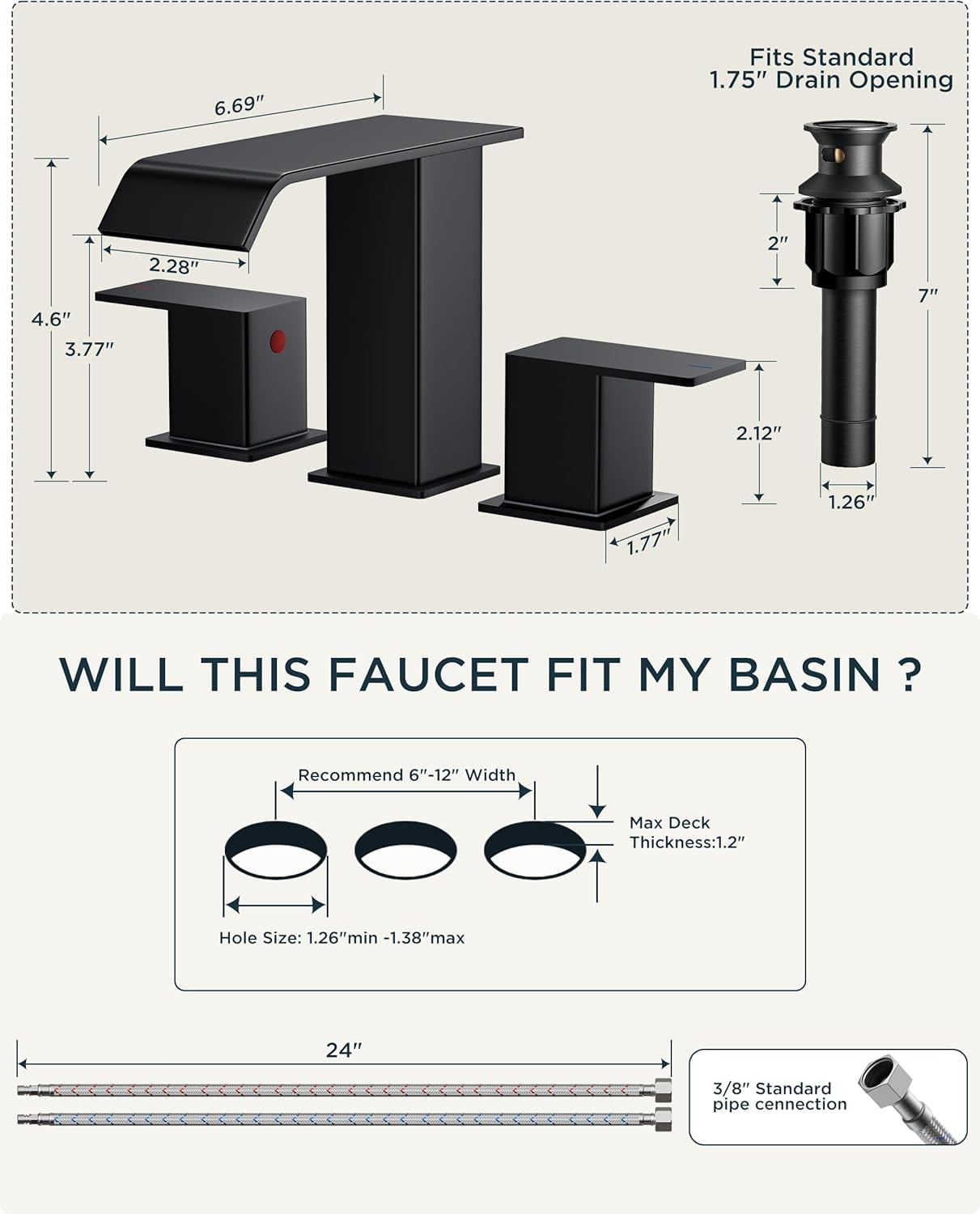 Bathroom Faucets 3 Hole,Matte Black 8 Inch Widespread Bathroom Sink Faucet Waterfall Spout, with Pop Up Drain and Water Supply, Suitable for Vanity Rv Commercial Lavatory Restroom