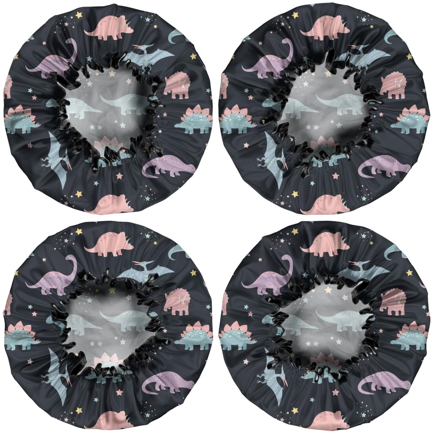 Shower Caps,Black Dinosaurs Stars Pterosaurs Pattern Waterproof Shower Cap for Women 4 Pieces,Double Reusable Hair Cover for Shower PEVA Elastic Stretch Hem