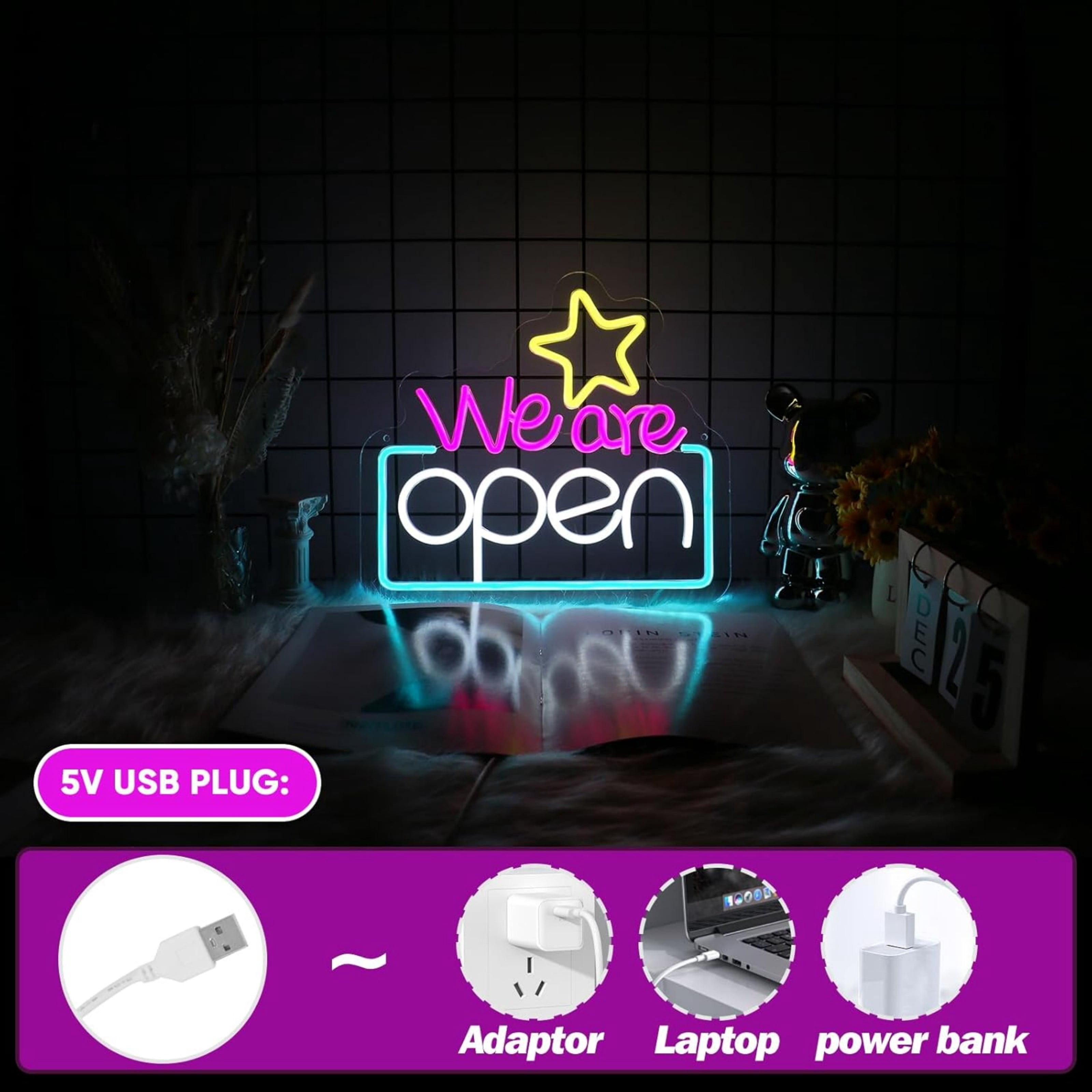 UPONRAY We Are Open Neon Signs, 13.5"*12.2" Dimmable & USB-Powered LED Neon Light, Stylish Wall Decor for Restaurant, Store, Bar, Cafe, Club