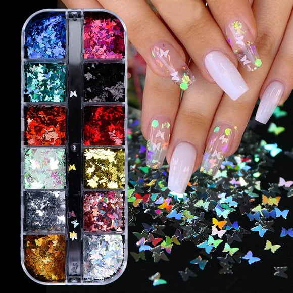 12 colores de lentejuelas de uñas con purpurina de mariposa, copos de decoración de uñas 3D, confeti colorido, pegatinas con purpurina, calcomanías para manicura, diseño de arte de uñas, maquillaje, d