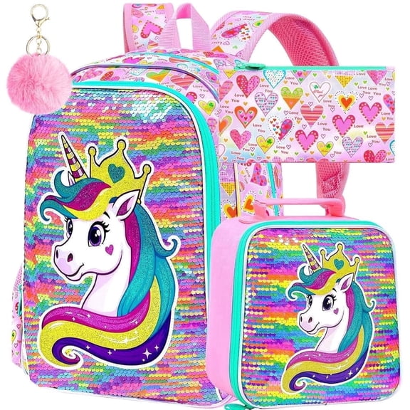 3PCS Unicorn Backpack Set for Girls, 16" Bookbag with Lunch Box & Pencil Case, Water Resistant School Bag for Preschool Kindergarten