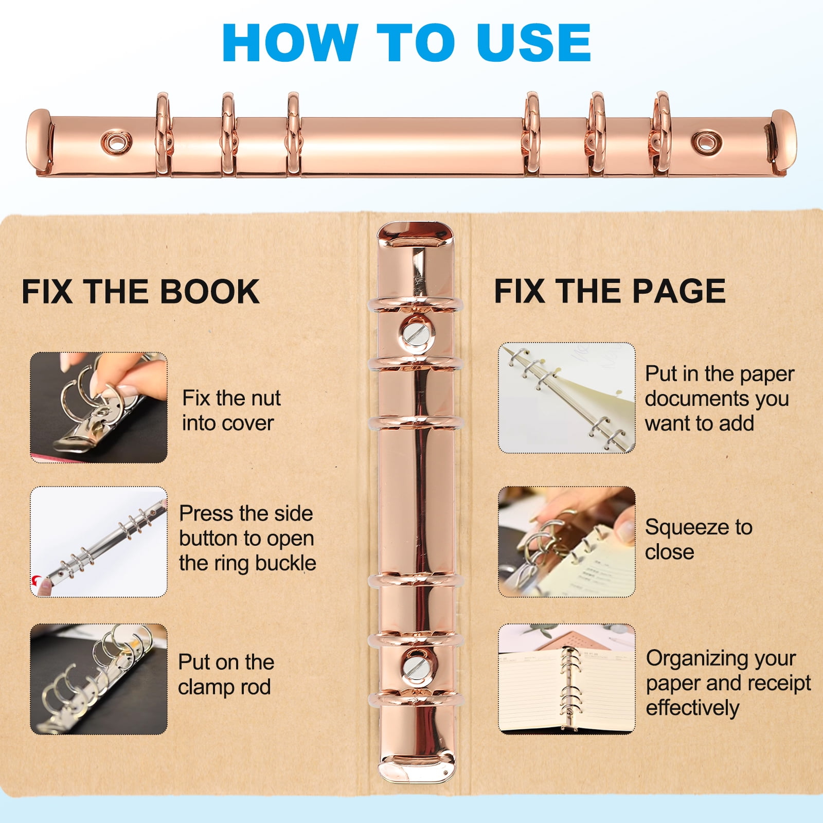 Uxcell A5 Ring Binder Mechanisms, 3 Set 6-Hole Replacement Binder Planner, Rose Gold
