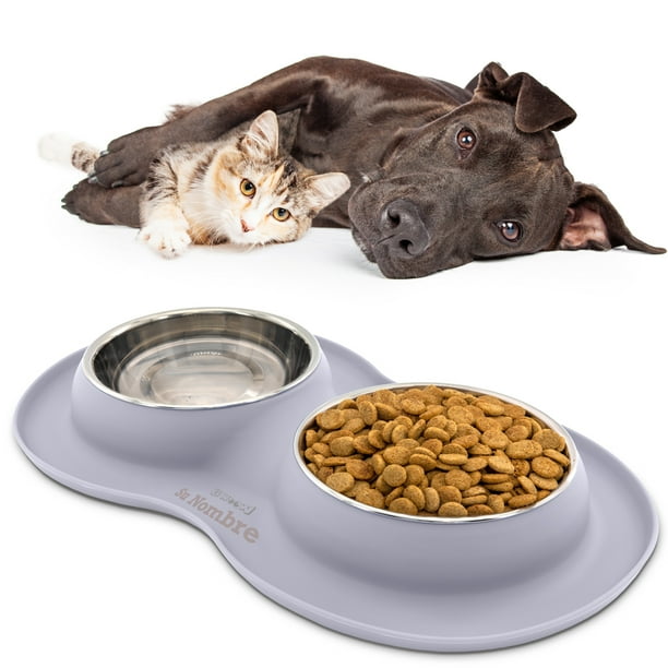 KE WOOW Dos platos de 400 ml, Tapete de Silicón, Doble Plato para Perro, Acero Inoxidable, Tamaño Mediano, Tazón de Croquetas para Perros, Tazon de Agua, Comedero para Gato, Color Gris KE WOOW Plato doble mediano