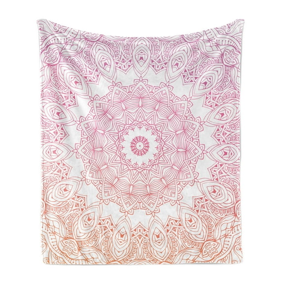 Mandala Soft Flannel Fleece Throw Blanket, Outline Style Flower Themed Design with Ombre Effect Elements, Cozy Plush for Indoor and Outdoor Use, 50" x 70", Orange Pink White, by Ambesonne