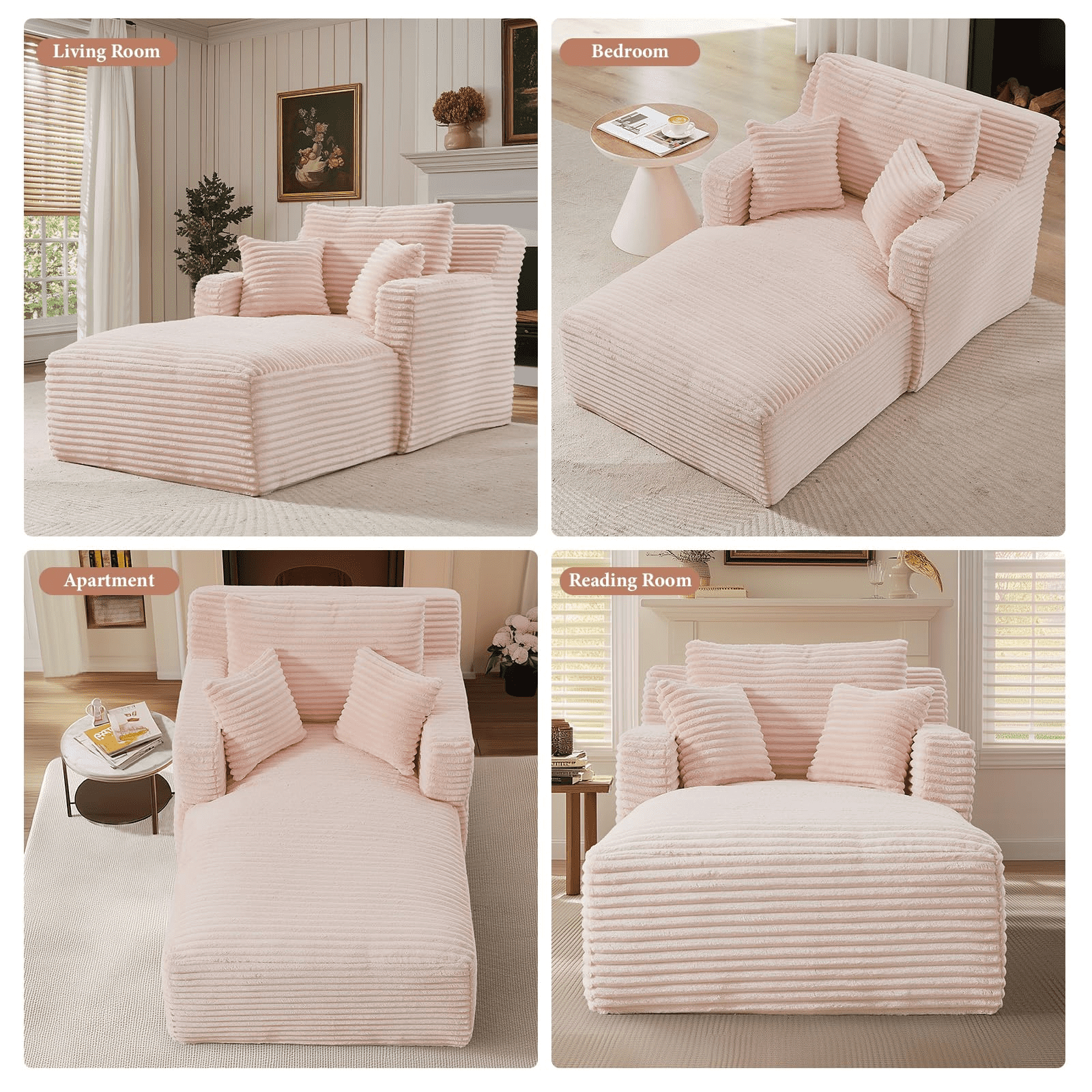 GNIXUU 65.4" Oversized Chaise Lounge Chair Indoor, Modern Corduroy Couch, Comfy Upholstered Boneless Sleeper Sofa with 3 Throw Pillows, Fluffy Reading Chairs Bed for Living Room,Pink
