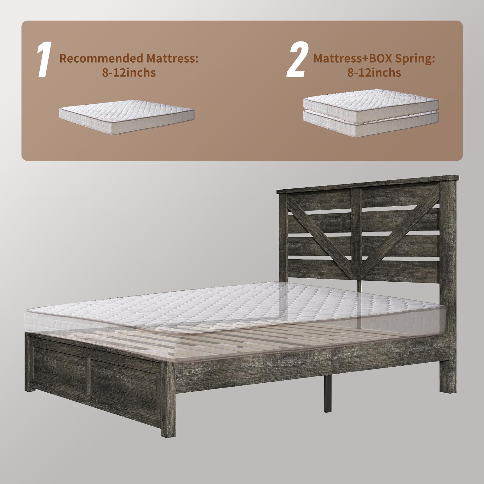 VanAcc Queen Size Platform Bed Frame with Wood Grain Headboard, Farmhouse Bed Frame with Storage/No Box Spring Needed/Noisy Free/Easy Assembly/Grey