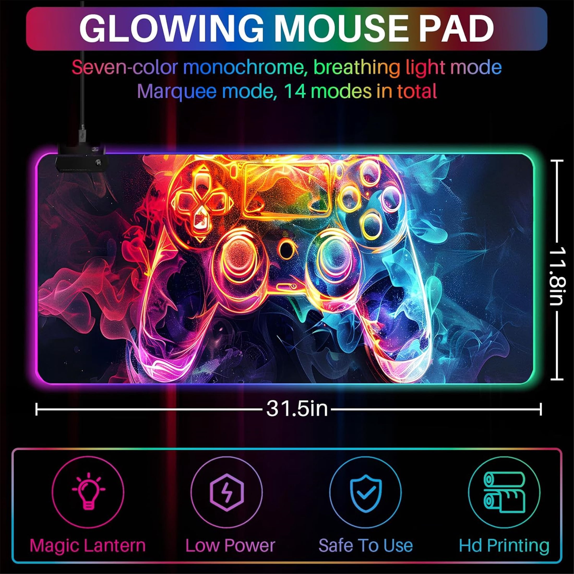 XL Led Gaming Mouse Pad with 14 Light Modes - Light Up Gamer Mouse Pad,31.5 x 11.8in Non-Slip Gamepad Style RGB Large Gamer Mousepad,Black Long Glowing Gaming Accessories for Desk,Waterproof