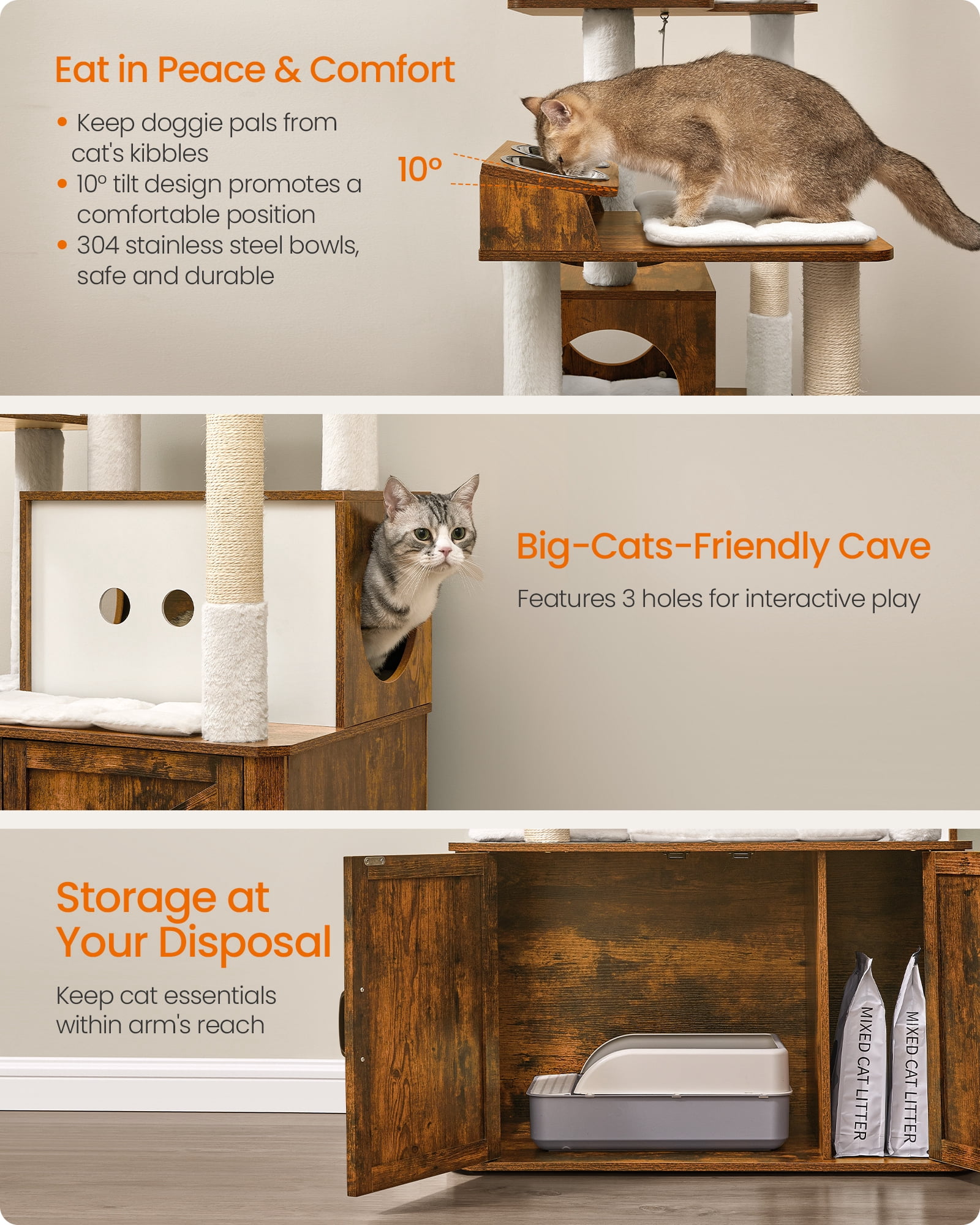 Cat Tree, 66.9-Inch Cat Tower with Litter Box Enclosure, Large Cat Condo with Scratching Posts, Food Station, Hammock, Washable Cushions, Rustic Brown