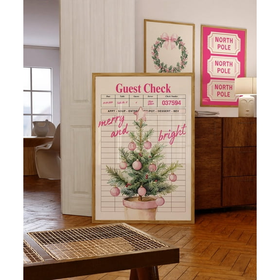 YaHaku Retro Christmas Wall Art, Pink Guest Check Holiday Print, Vintage Tree Poster, Merry and Bright Kitchen Decor Festive Home Poster