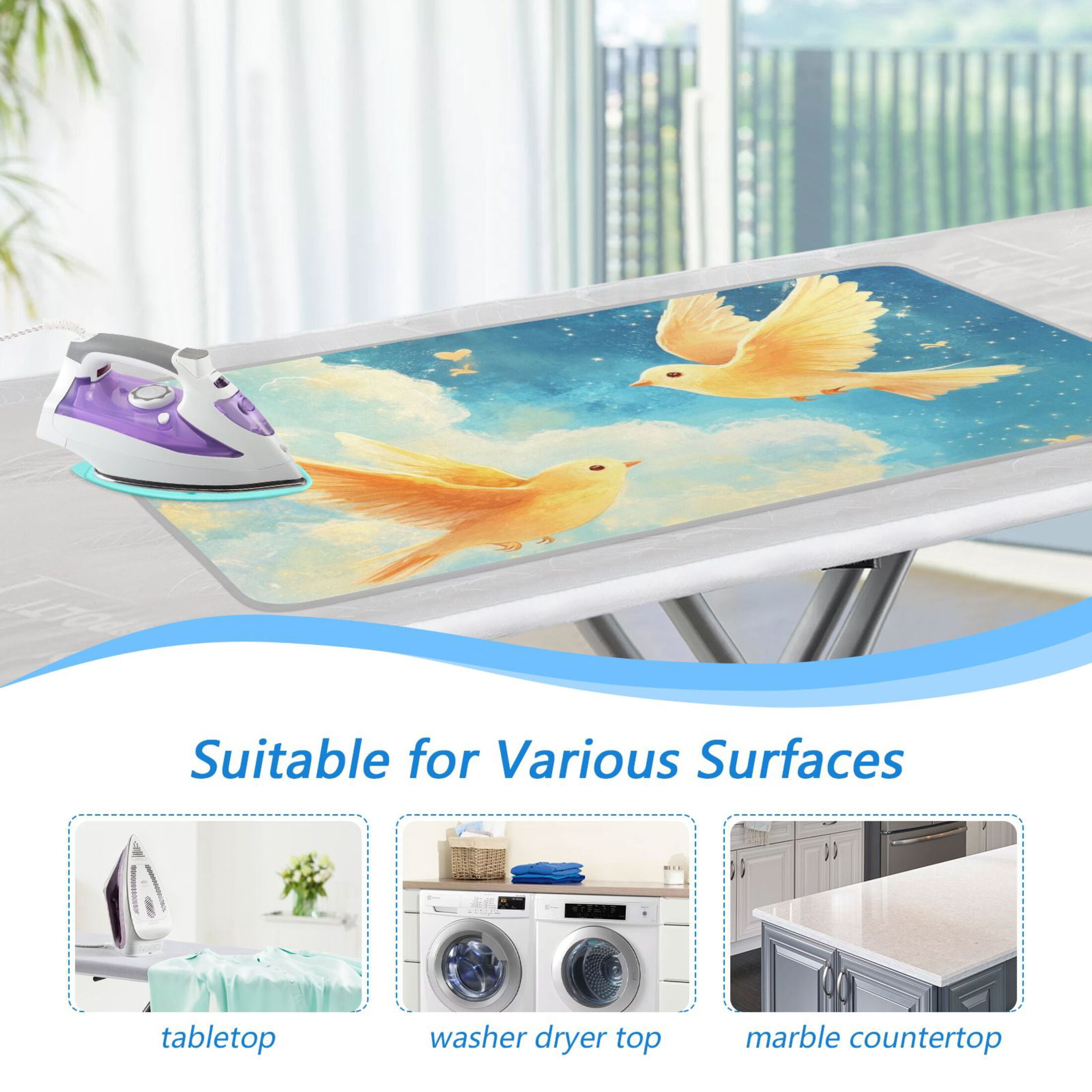 Birds Butterflies Stars in Clouds Ironing Mat Blanket Portable Travel Ironing Pad Heat Resistant Pad 47.2" x 27.6”