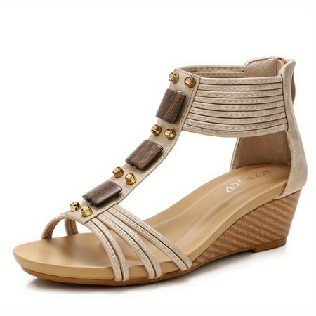 

Women‘s T-strap Wedge Heeled Sandals Open Toe Back Zipper Non Slip Rome Style Sandals Outdoor Beach Shoes