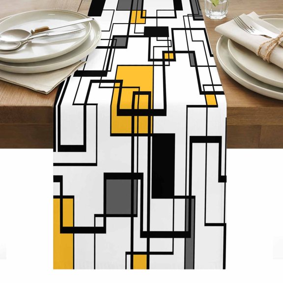Yellow Geometric Table Runner - 70 Inch Long, Kitchen Dining Table Runner Dresser Scarves, Modern Minimalist Black Abstract Art Farmhouse Decor for Coffee Tables Wedding Party Banquet