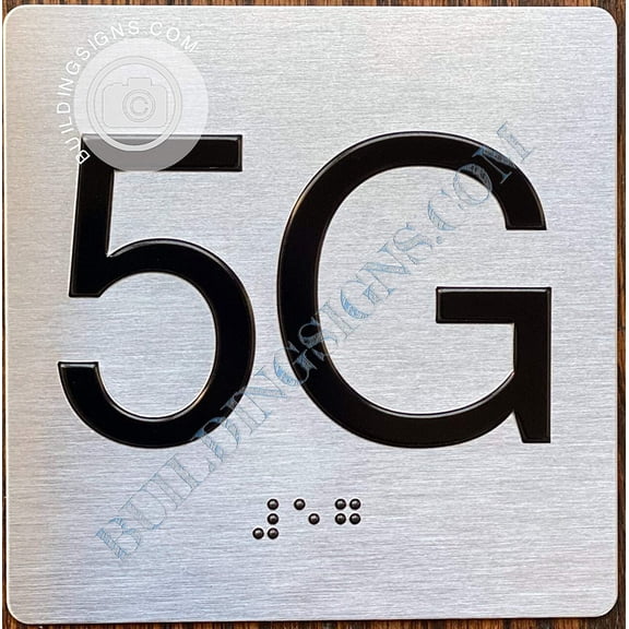 Apartment Number 5E Sign with Braille and Raised Number (Aluminum, 4x4, Double Sided Tape, Silver)-The Sensation line (ref-2201)