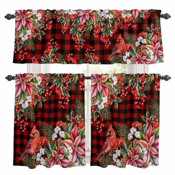 Cardinal Bird Kitchen Curtains Sets for Windows 24 Inch Length, Poinsettia Pine Cones Berry Flowers Red Plaid Rod Pocket Window Treatments Tier Curtains and Valances Set for Bedroom/Bathroom