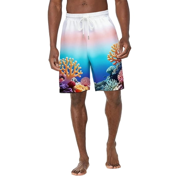 YLSDY Men's Summer Coral Print 5 Inch Beach Shorts, Elastic Drawstring Waist, Side Pockets Lightweight Vacation Swim Trunks Dark Blue M
