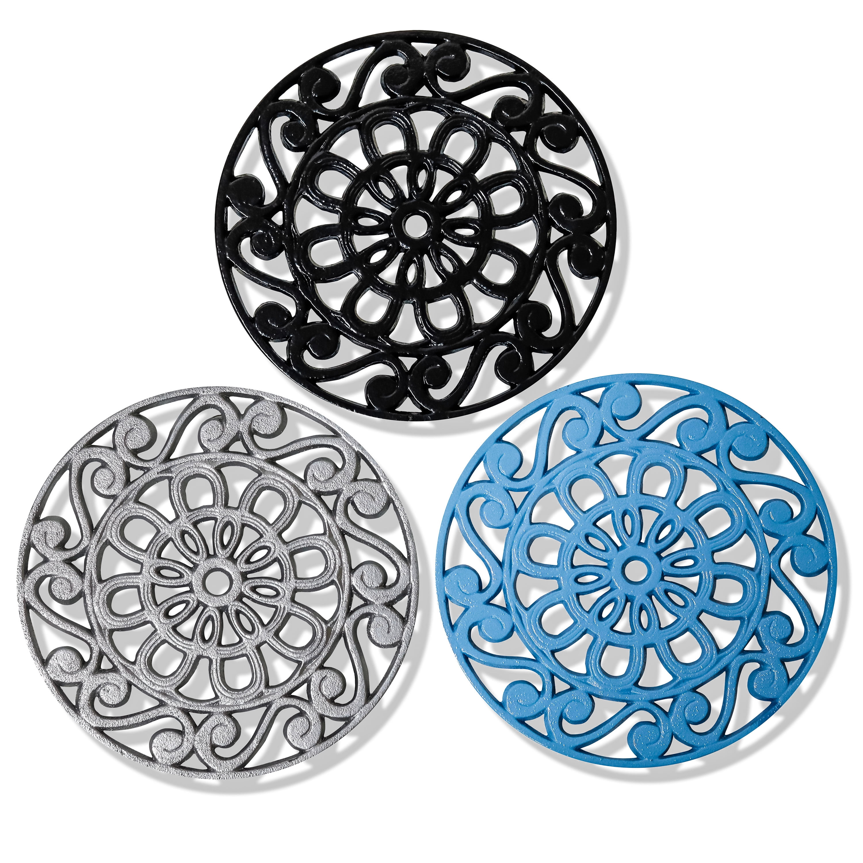 Decorative Cast Iron Metal Trivets (Set of 3, Black/Blue/Silver)