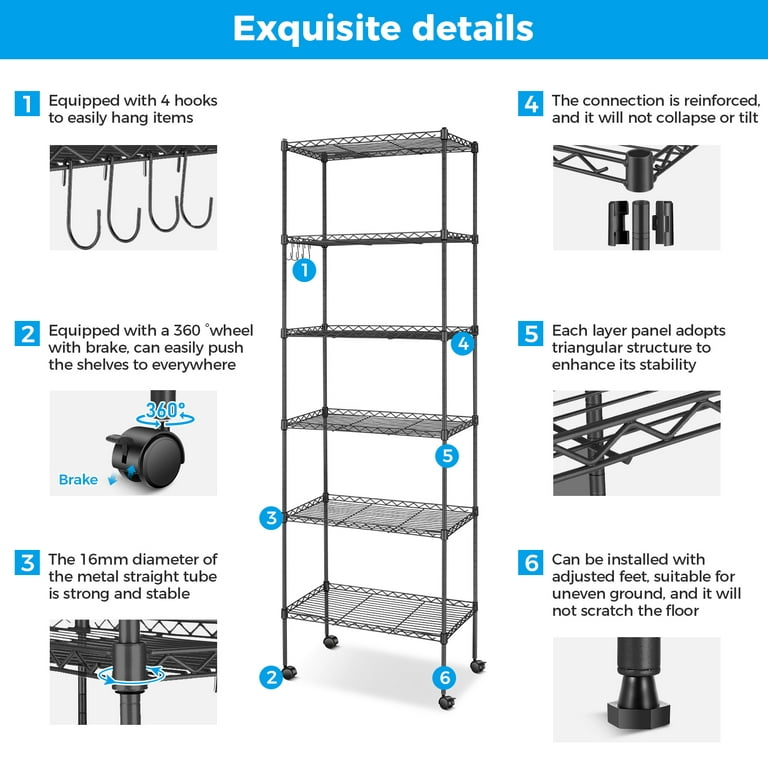 6-Tier Shelf Rack Wire Shelving Unit Storage Height Adjsutable