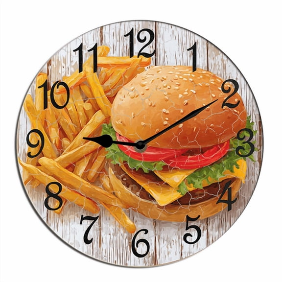 Kurmntregon Hamburger Wall Clock French Fries Fast Food Wooden Silent Non-Ticking Desk Clock Decorative For Living Room Home Office School Wall Decoration Shop Hotel Round 10"