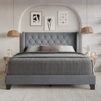 Home Design Monroe Twin Tufted Upholstered Wingback Panel Bed Frame with Diamond Tufting and Nailhead Trim for Adult Bedroom, Gray