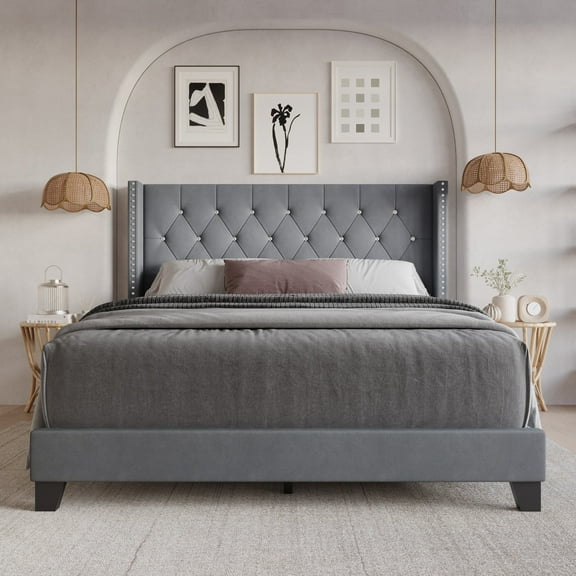 Home Design Monroe Twin Tufted Upholstered Wingback Panel Bed Frame with Diamond Tufting and Nailhead Trim for Adult Bedroom, Gray
