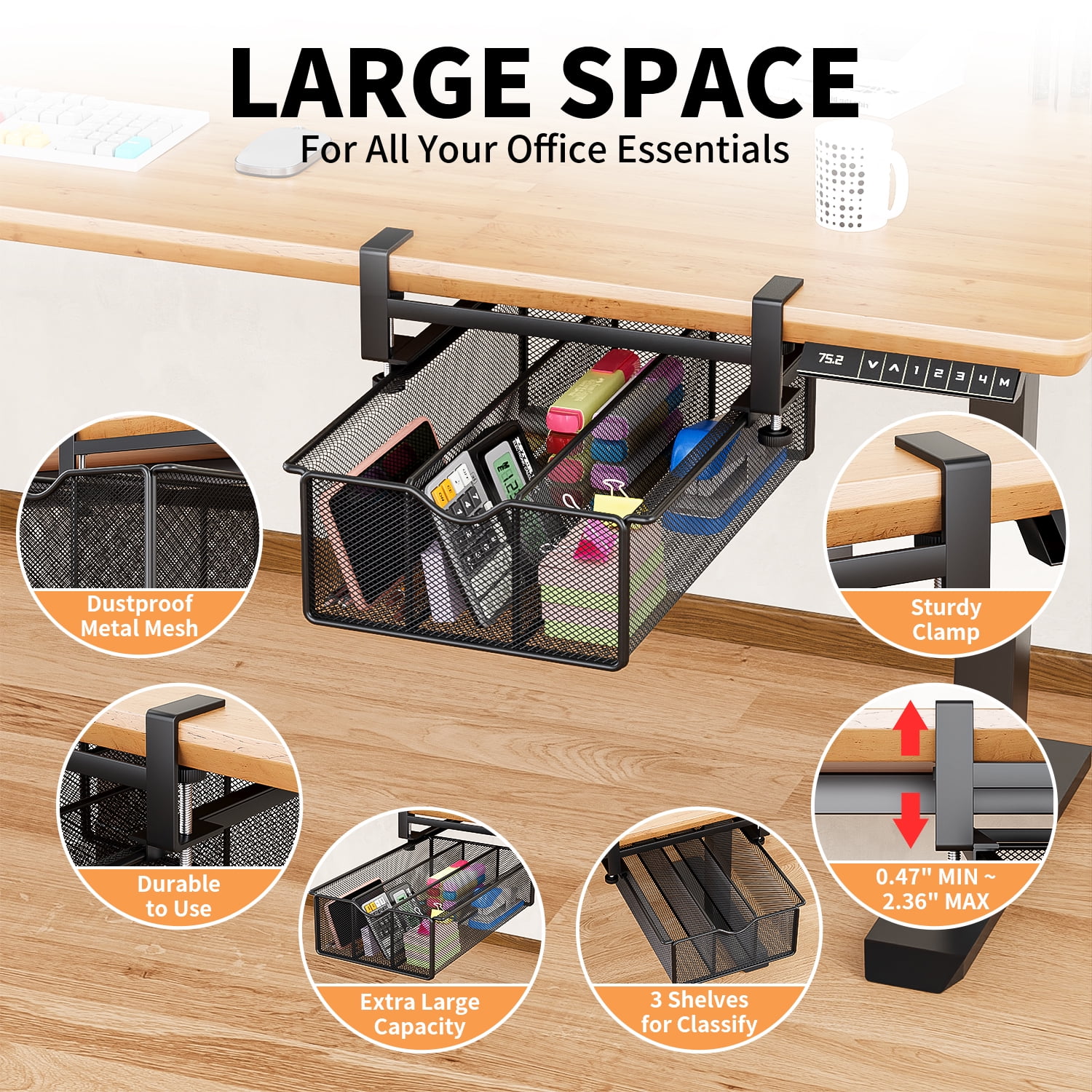 Mintazer Under Desk Drawer Clamp-On Mesh Metal Under Table Storage Organizer Slide Out Caddy with 3 Compartments for Home & Office Essentials, Black