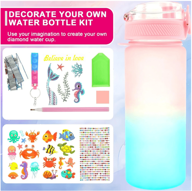 Decorate Your Own Water Bottle Kits for Girls Age 4-12, Kids Water Bottle Girls Birthday Gifts, Themed Painting Crafts, Kits for Kids, Fun Arts and Crafts (Mermaid)