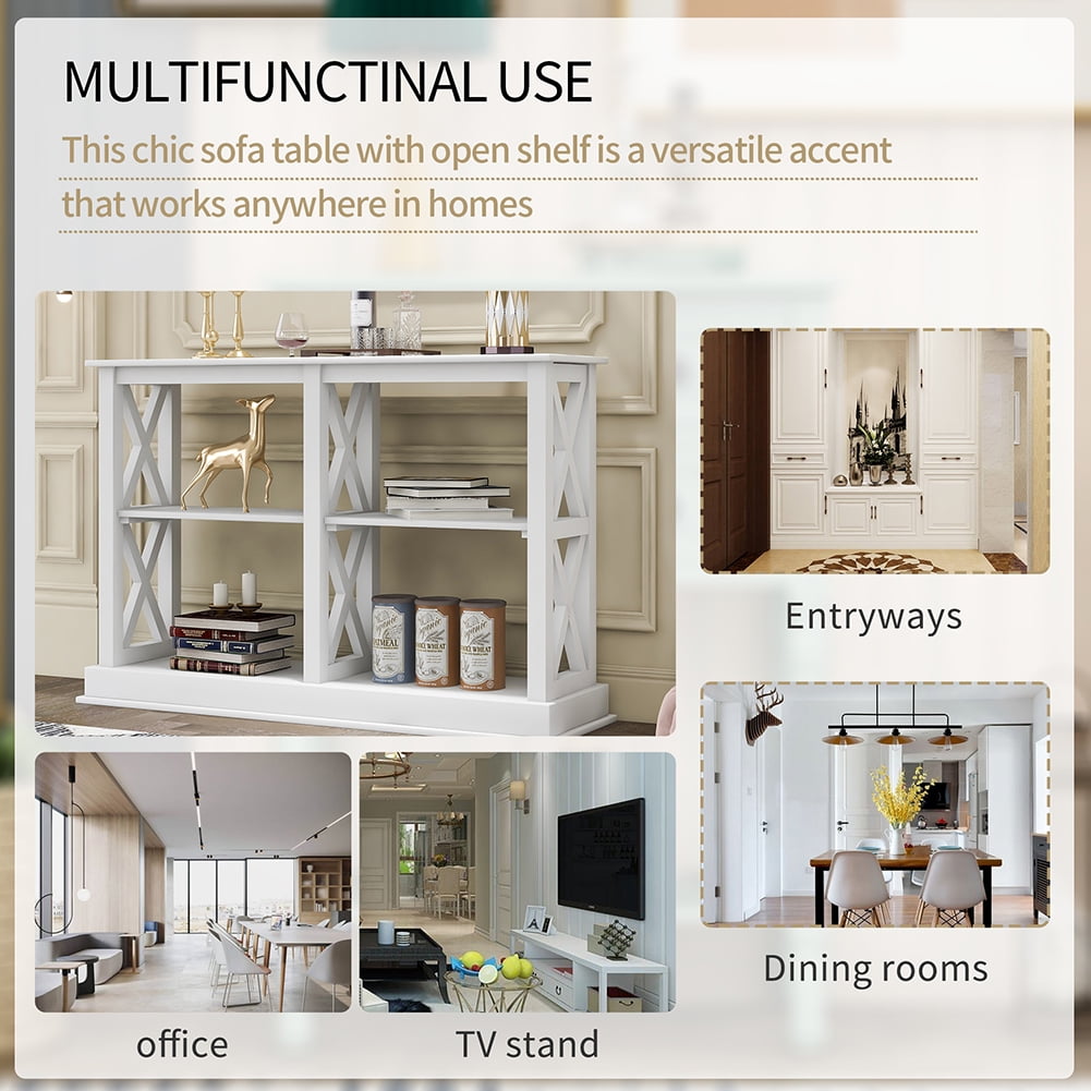 Private Jungle Console Table with 3-Tier Open Storage Spaces and “X” Legs, Narrow Sofa Entry Table (White) Private Jungle Console Table with 3-Tier Open Storage Spaces and “X” Legs, Narrow Sofa Entry Table (White)