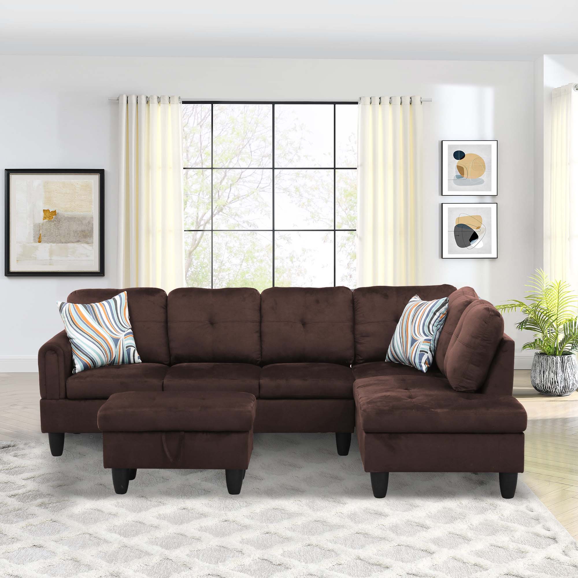 Aukfa Sectional Sofa, Living Room Couch with Storage Ottoman, Right Facing Chaise, Flannel, Brown