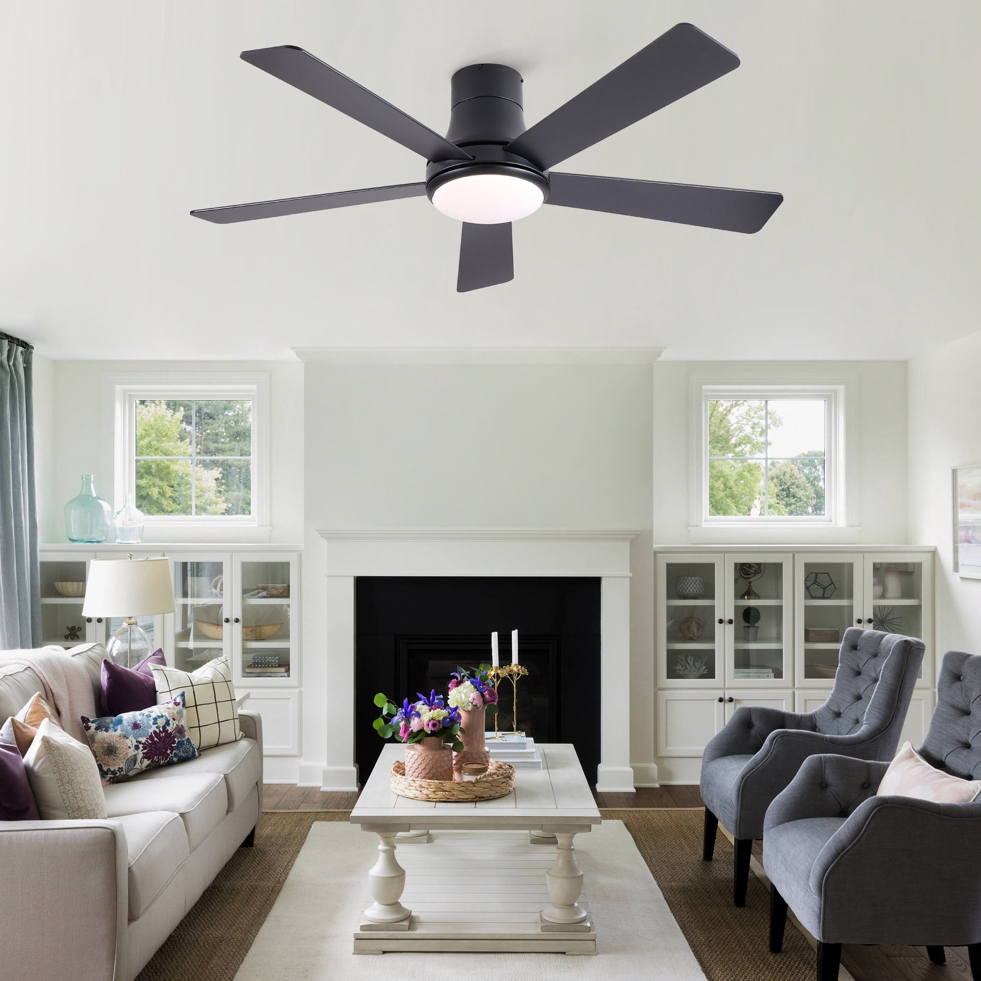 Leumius 52" Farmhouse Matte Black Integrated LED Smart Ceiling Fan with DC Remote Control for Bedroom Living Room