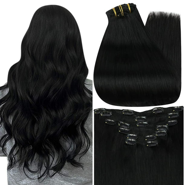 sla langzaam Th Full Shine Clip in Hair Extensions Straight Black Hair Extensions Remy  Human Hair 100g 18 inch 7 Hair Pieces for Women - Walmart.com