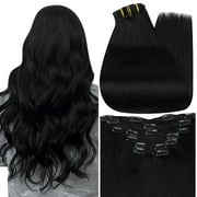 Full Shine Jet Black Clip in Hair Extensions Straight Hair Pieces 16inch 100% Human Hair Extensions Clip Ins Real Remy Hair Brazilian Hair 100g