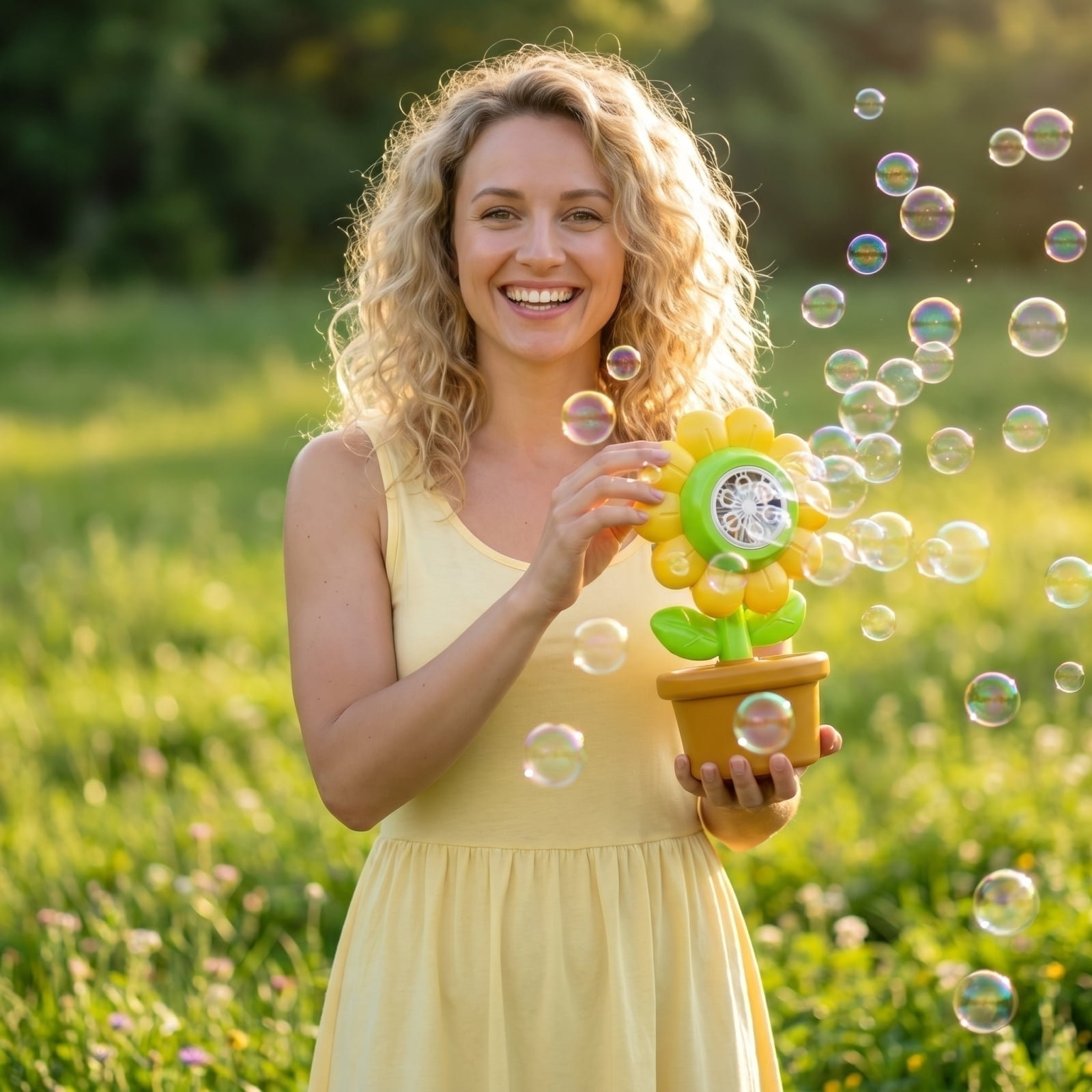 Electric Sunflower Bubble Blowing Machine with LED Lights and Music, Complete Set with Bubble Solution and Battery for Outdoor Parties and Backyard Fun (Yellow)